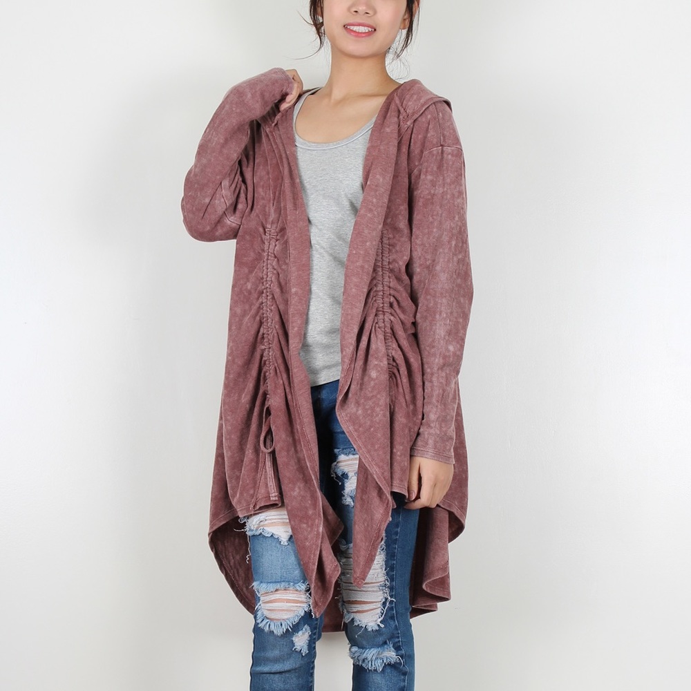 5PCS, Denim Washed Shirring Tie-Hem Jacket, Rose